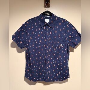 BEN SHERMAN Dash Print Shirt Maritime Blue Short Sleeve Button Down Large